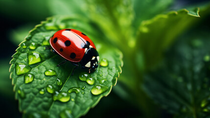 Ladybug on green leaf plant close up