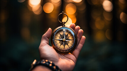 A hand holding a compass symbolizing guidance and direction in mental health. - obrazy, fototapety, plakaty