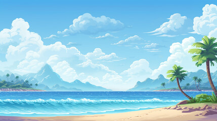 Fototapeta na wymiar pixel art landscape. summer ocean beach 8 bit city park, pixel cityscape and highlands landscapes arcade game background