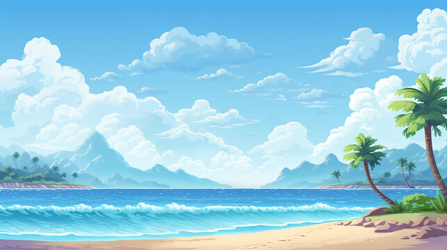pixel art landscape. summer ocean beach 8 bit city park, pixel cityscape and highlands landscapes arcade game background