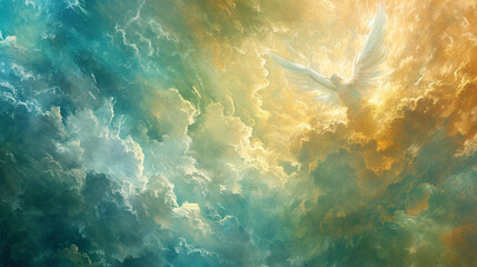 Angelic Presence in Eden's Skies An artistic portrayal of angelic beings in the skies above Eden, symbolizing divine presence and protection Ideal for religious teachings - obrazy, fototapety, plakaty