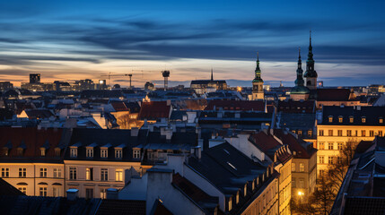 Fototapeta na wymiar A historic European cityscape seen from a rooftop at dusk.