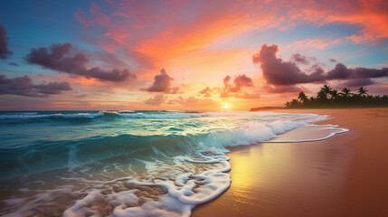 Sunset Beach Panorama A panoramic background of a beach at sunset, suitable for travel agency websites, relaxation apps, or picturesque wall murals - obrazy, fototapety, plakaty