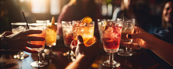 People hold cocktails in hands. Fruit drink in glasses. - obrazy, fototapety, plakaty