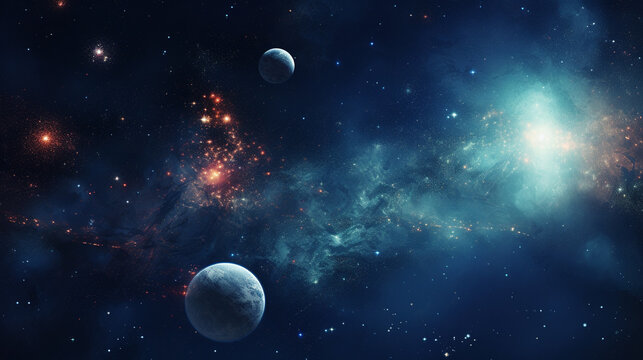 Space Technology Themed Background with Stars and Planets A space-themed background with stars, planets, and tech elements, providing a cosmic feel with copy space Ideal for space exploration © 1st footage