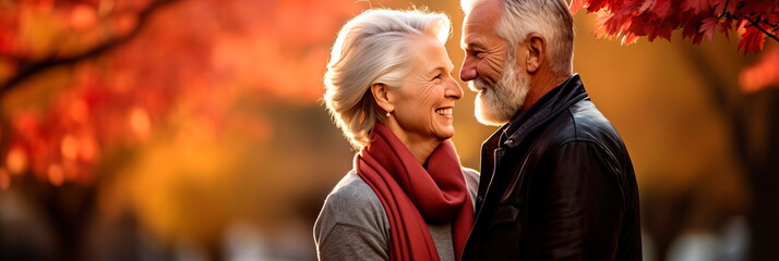 Beautiful elderly couple in the park, smiling couple walking , Generative Ai