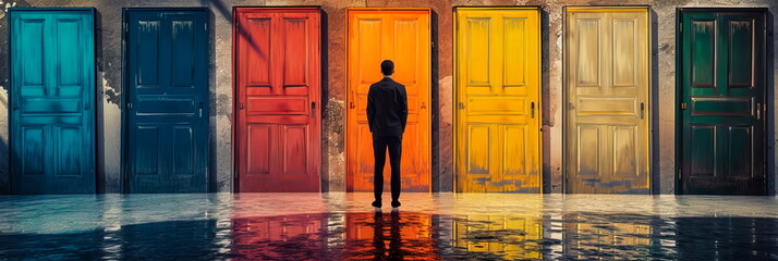 businessman in front of multiple doors of diverse colors as symbol for different opportunities. Generative ai - obrazy, fototapety, plakaty