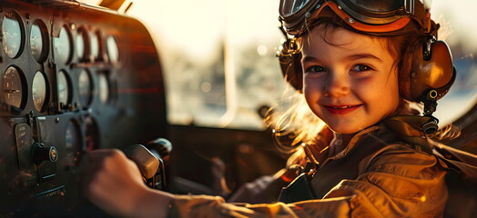 Child with a bright smile behind a pilot, perhaps sitting in a cockpit or holding a model airplane. Generative AI