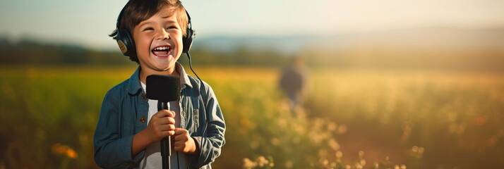 child smiling media worker holding an imitation microphone in his hands. Generative AI