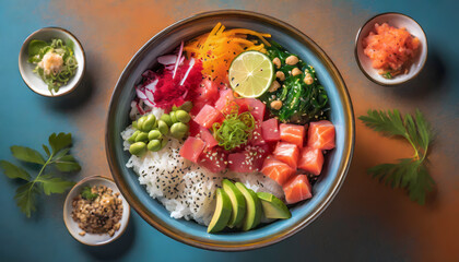 overhead view of a vibrant and appetizing poke bowl