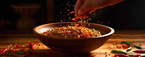 Fresh red chili powder or flakes pepper in wooden bowl on table. Chilli spice cncept. - obrazy, fototapety, plakaty