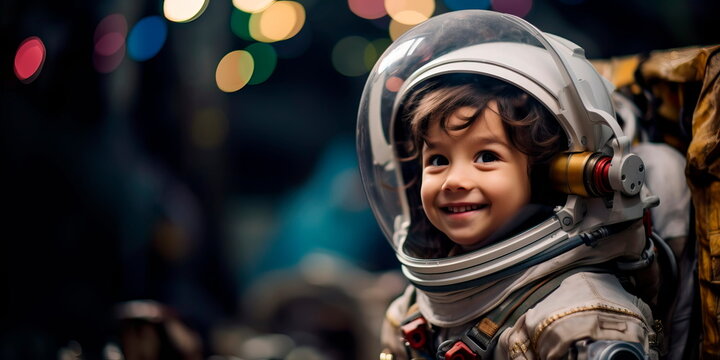 Child with a beaming smile in a spacesuit or a space lover dressed in a space-themed costume. Generative AI