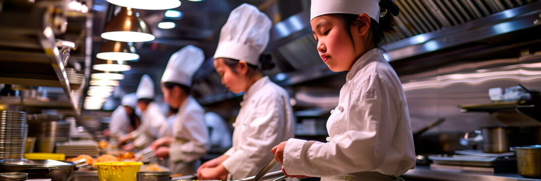 Children in professional kitchens, dressed as chefs, learning culinary arts. Generative AI