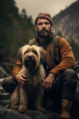 In the highlands, a bearded terrier dog and a fisherman