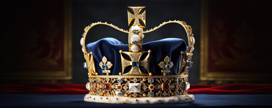 Royality kings crown in palace room background.