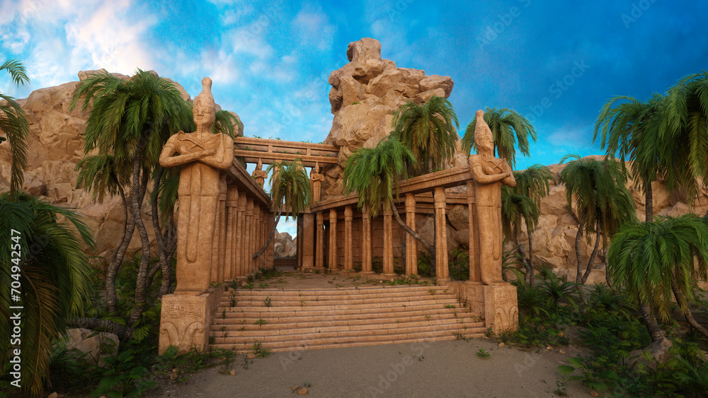 Poster ancient fantasy temple ruin surrounded by palm trees. 3d rendering.