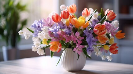Lovely springtime arrangement with in-season flowers inside
