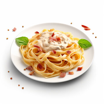 Spaghetti Carbonara with cream sauce and parmesan on white background
