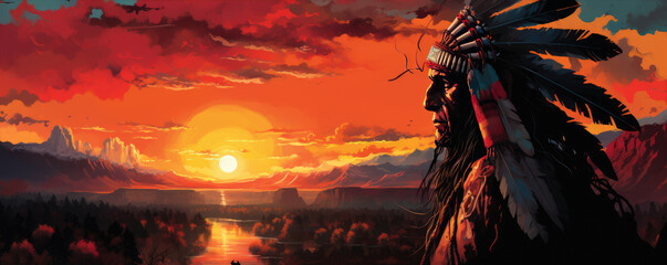 American indian in red sunset light. copy space for text.