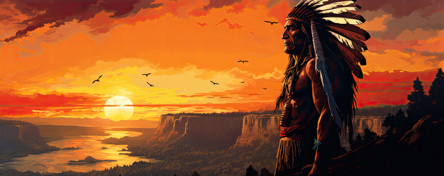 American indian in red sunset light. copy space for text.