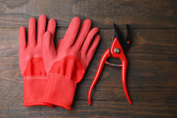 Pair of red gardening gloves and secateurs on wooden table, top view