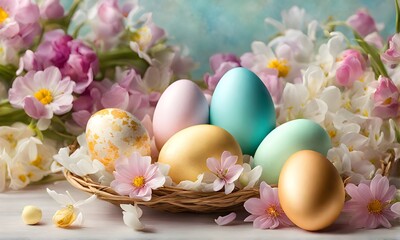 Easter elegance: Still life with eggs and flowers