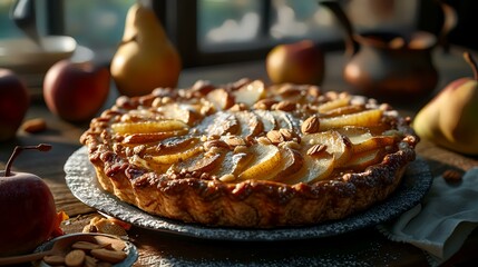 Homemade pear galette with almonds and pears on a wooden table