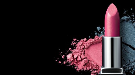 Pink Lipstick with Crushed Powder on Black Background.