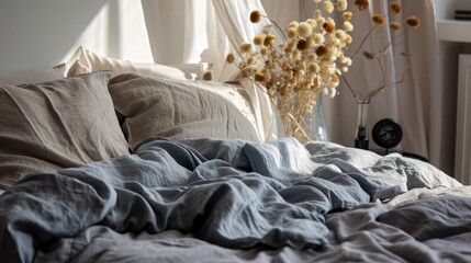 Pastel beige and grey bedding on bed