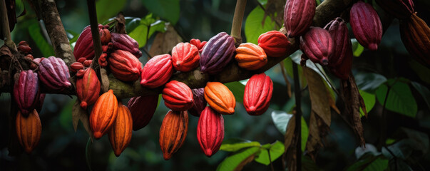 Cacao group pods on plant trees. - obrazy, fototapety, plakaty