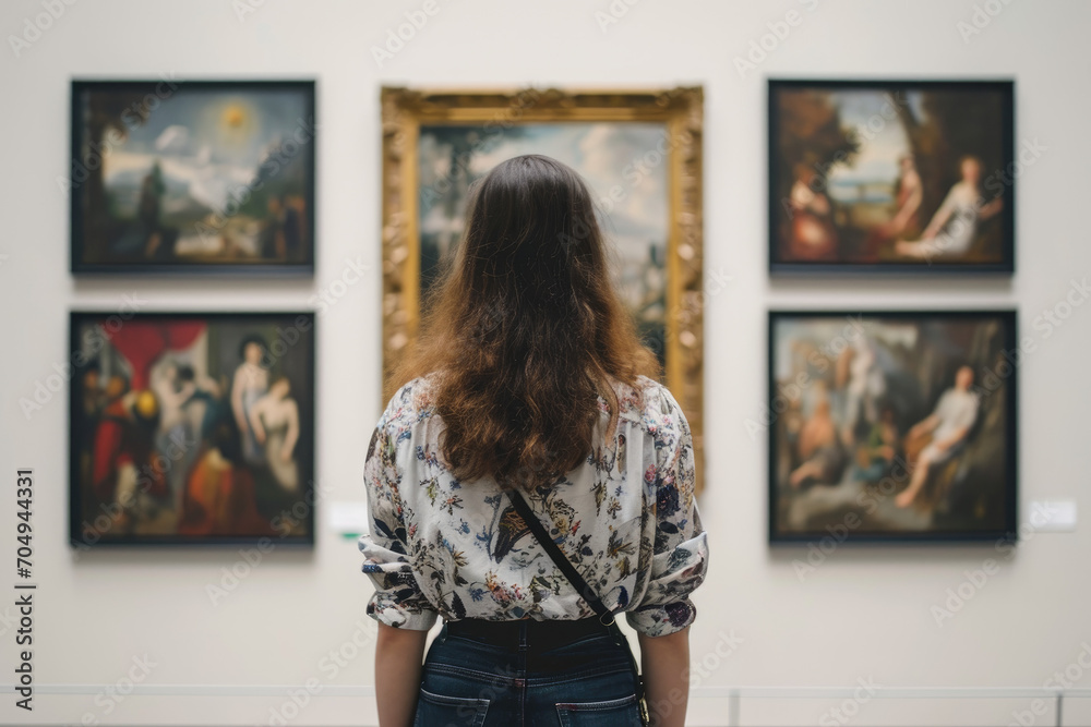 Wall mural Young woman looks at paintings in a museum