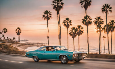 California dream: Sunset vibes with a classic 70s car