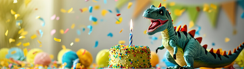 Playful kids birthday scene featuring toy dinosaur blowing out candle on colorful sprinkled cake...