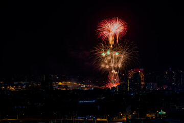 Fototapeta premium The blurred background of fireworks (light trails) is beautiful at night, seen in the New Year holidays, Christmas events, for tourists to take pictures during public travel.