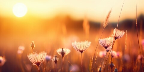A beautiful meadow with wildflowers on the background of the sunset sky. Wild grass and flowers.