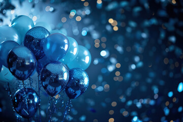 Celebration background with blue balloons and glitter, perfect for baby boy's birthday or welcoming party, with plenty of space for messages or event details.