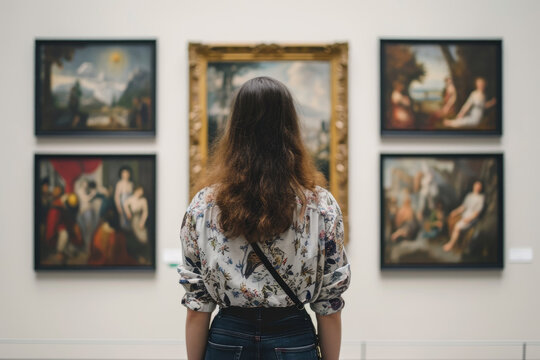 Young woman looks at paintings in a museum