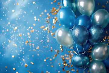 Celebration background with blue and silver balloons and golden confetti, perfect for baby boy's birthday or welcoming party, with plenty of space for messages or event details. - obrazy, fototapety, plakaty