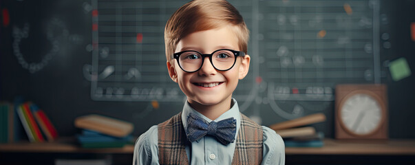 Cute happy school boy in front of blackboard in school class. copy space for your text.