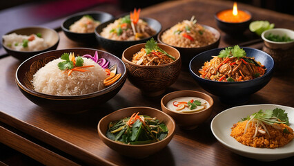 Showcase the rich textures and vibrant colors of your favorite Rice Thai dishes elegantly arranged...