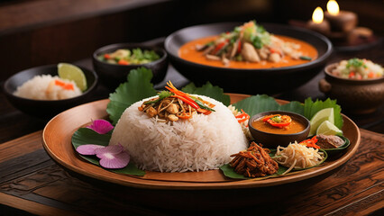 Showcase the rich textures and vibrant colors of your favorite Rice Thai dishes elegantly arranged on a wooden table