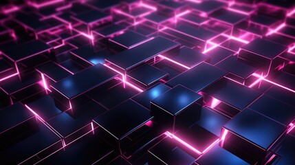 3d rendering, abstract black metal faceted background , pink glowing neon light, square tile