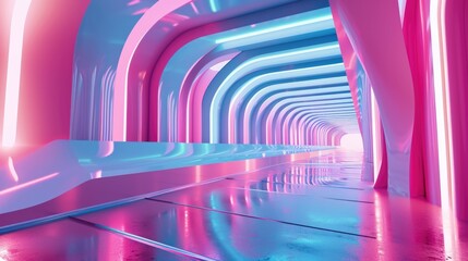 3d render. Abstract background of blue pink neon stripes and ribbons ascending. Modern wallpaper