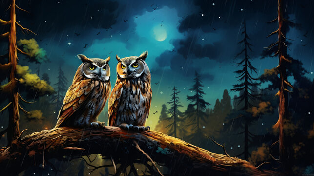 Perched owls in pine trees under moonbow