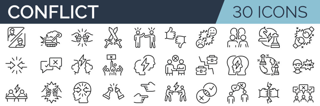 Set of 30 outline icons related to confrontation, conflict. Linear icon collection. Editable stroke. Vector illustration