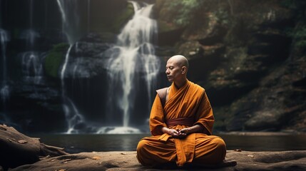 Buddha is meditating at a waterfall