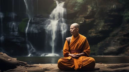 Fotobehang Buddha is meditating at a waterfall © batara