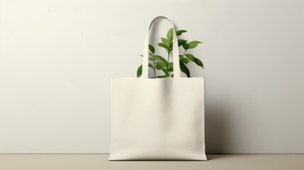 Layout for the design of a simple white canvas shopping bag with green plant leaves - obrazy, fototapety, plakaty