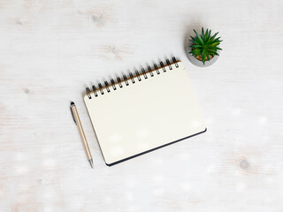 Spiral notebook empty on wooden table with pen and plant. Office stationery mock up flat lay. - 704945515