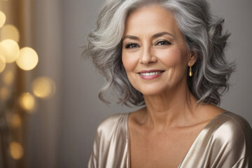 A beautiful older woman with gray hair and beautiful makeup smiles in a festive setting